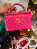 Every Fashion Quilted Patent Box Handbag with Top Handle and Chain Strap