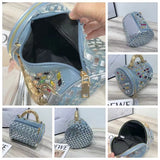 EVERY FASHION Luxury Blue Rhinestone Barrel Bag – Crystal Embellished Denim Cylinder Crossbody