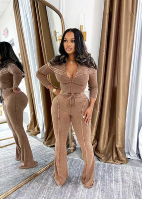 MB FASHION Women’s Ribbed Two-Piece Lounge Set - Long Sleeve Zip Crop Top & High Waist Flared Pants 8199