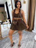 MB FASHION Sleeveless Halter Crop Top & Pleated Mini Skirt Two-Piece Set 6025