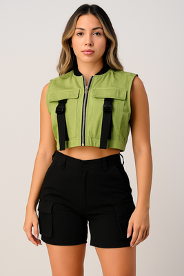 MB FASHION Cropped Tactical Vest with Zipper and Buckle Straps 8156T