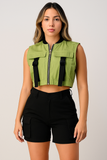 MB FASHION Cropped Tactical Vest with Zipper and Buckle Straps 8156T