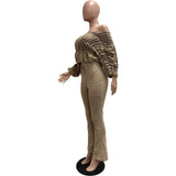 MB FASHION Ruched Off-Shoulder Top & High-Waist Flared Pants Set 9532
