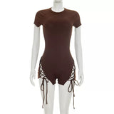 MB FASHION Short Sleeve Lace-Up Side Romper – Crew Neck Ribbed Short Jumpsuit 027