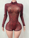 MB FASHION Leopard Print Mesh Mock Neck Romper 2673