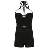 MB FASHION Cut-Out Halter Romper – Ruched High-Waist Short Jumpsuit