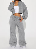 MB FASHION Cropped Zip-Up Hoodie and Wide-Leg Sweatpants Set 6051