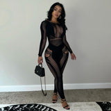MB FASHION Sheer Mesh Cutout Jumpsuit - Long Sleeve Bodysuit 2095