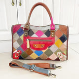 EVERY FASHION Colorful Diamond Patchwork Leather Satchel Handbag