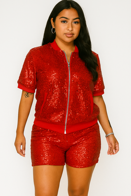 MB FASHION Sequin Zip-Up Jacket and Shorts Set 8290T
