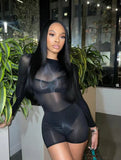 MB FASHION Sexy Black Sheer Long Sleeve Bodysuit Romper 1475