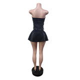 MB FASHION Denim Tube Top & Pleated Mini Skirt Set with Patches 88656