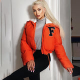 MB FASHION Letter Patch Cropped Puffer Jacket with Fleece Collar 392