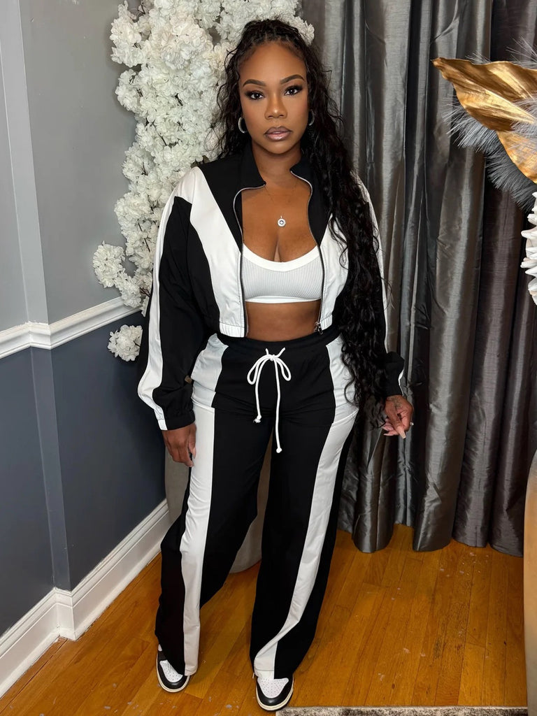 MB FASHION Two-Piece Retro Windbreaker Set – Cropped Zip-Up Track Jacket & High-Waist Wide Leg Joggers 5055