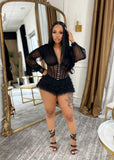 MB FASHION Sheer Mesh Long Sleeve Corset Romper with Tiered Ruffles 8207