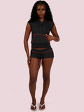 MB FASHION Waffle Knit Short Sleeve Hooded Zip-Up Crop Top & Shorts 2 PCS SET