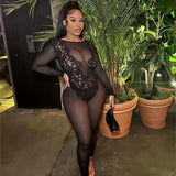 MB FASHION Long Sleeve Sheer Mesh Lace Detail Jumpsuit 011