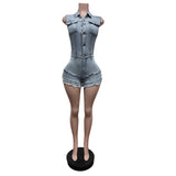 MB FASHION Sleeveless Button-Up Denim Romper with Frayed Hem 88645