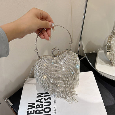 Every Fashion Heart-Shaped Rhinestone Evening Bag with Fringe Chain Detail