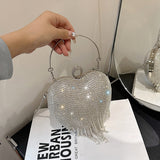 Every Fashion Heart-Shaped Rhinestone Evening Bag with Fringe Chain Detail