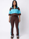 MB FASHION Two-Piece Colorblock Polo Crop and Flare Set 6036
