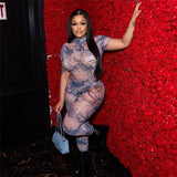 MB FASHION Sheer Printed Short Sleeve Mesh Jumpsuit 9707