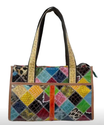 EVERY FASHION Multi-Color Patchwork Exotic Print Tote Bag