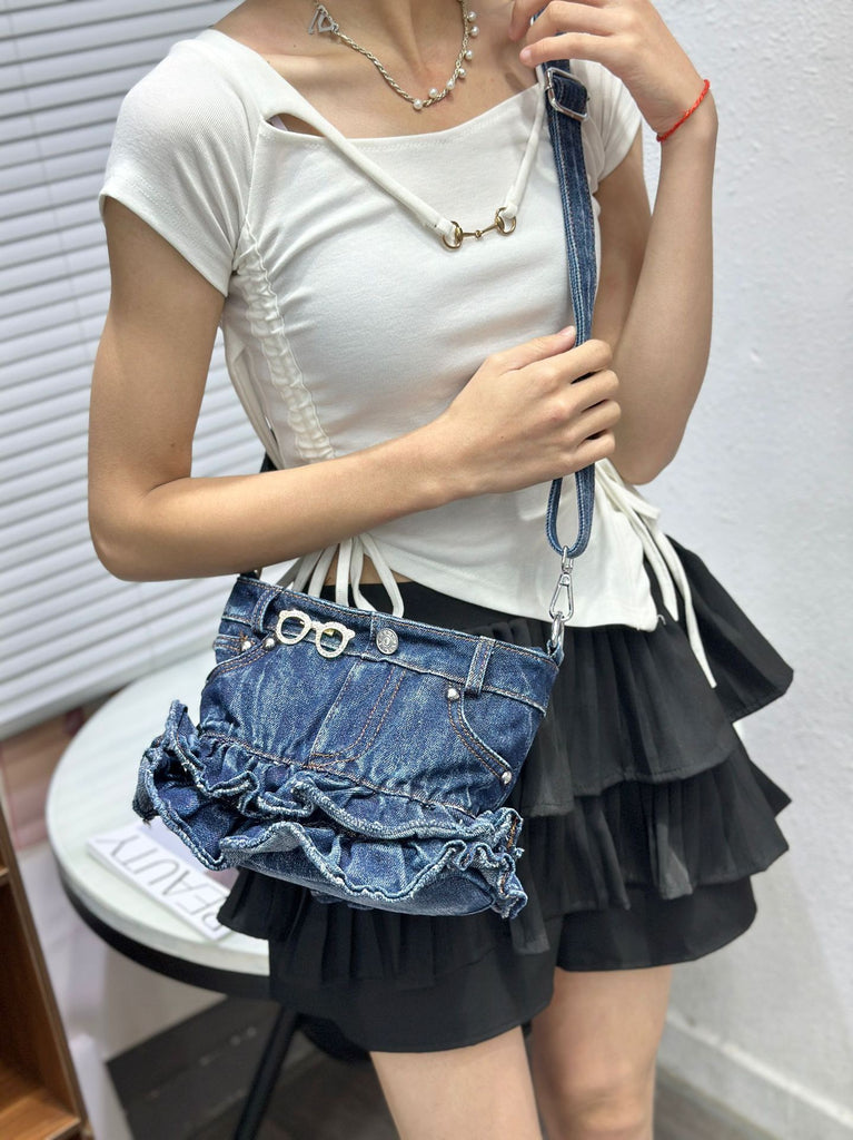 EVERY FASHION Denim Ruffle Bag – Upcycled Jean Shoulder Bag with Rhinestone Glasses Charm