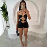 MB FASHION Cut-Out Halter Romper – Ruched High-Waist Short Jumpsuit