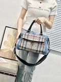 Every Fashion Denim Embellished Top-Handle Satchel with Plaid Front Pocket