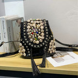 Every Fashion Embellished Rhinestone Pearl Bucket Bag