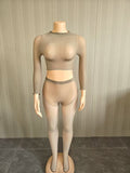 MB FASHION Sheer Mesh Mock-Neck Crop Top & High-Waist Tights Set 1477