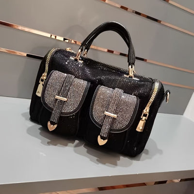 EVERY FASHION Mini Barrel Handbag with Rhinestone Buckle Pockets and Dual Top Handles