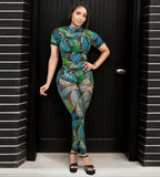 MB FASHION Sheer Printed Short Sleeve Mesh Jumpsuit 9707