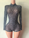 MB FASHION Leopard Print Mesh Mock Neck Romper 2673