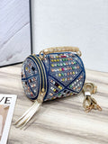 EVERY FASHION Luxury Blue Rhinestone Barrel Bag – Crystal Embellished Denim Cylinder Crossbody