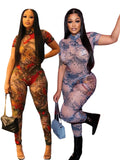 MB FASHION Sheer Printed Short Sleeve Mesh Jumpsuit 9707