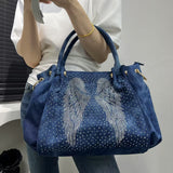EVERY FASHION Blue Denim Angel Rhinestone Tote