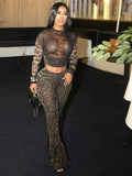 MB FASHION Sheer Leopard Mesh Crop Top & Flare Pants Set 9729