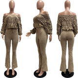 MB FASHION Ruched Off-Shoulder Top & High-Waist Flared Pants Set 9532