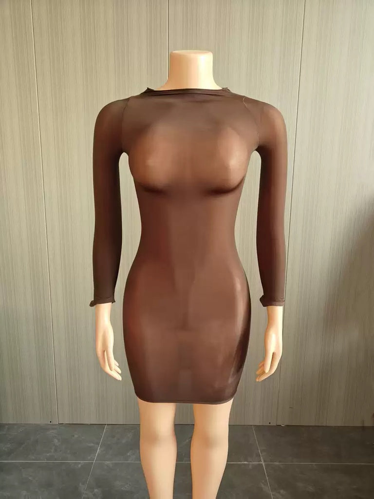 MB FASHION Long Sleeve Sheer Mesh Bodycon Mini Dress 1472