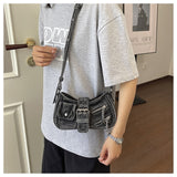 EVERY FASHION Distressed Denim Multi-Pocket Shoulder Bag with Hardware Details