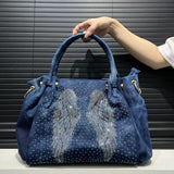EVERY FASHION Blue Denim Angel Rhinestone Tote