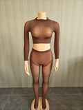 MB FASHION Sheer Mesh Mock-Neck Crop Top & High-Waist Tights Set 1477