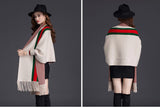 Every Fashion Elegant Fringe Trim Poncho Wrap with Classic Stripe Accent