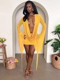 MB FASHION Deep V Plunging Neckline Long Sleeve Draped Mini Skirt Set 6101
