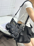 EVERY FASHION Denim Ruffle Bag – Upcycled Jean Shoulder Bag with Rhinestone Glasses Charm
