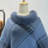 Every Fashion Plaid Faux Fur Trim Poncho with Elegant Drape