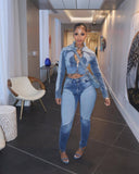 MB FASHION Two-Piece Zip-Up Denim Jacket and High-Waist Jeans Set 8196