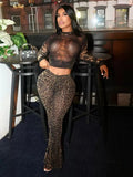 MB FASHION Sheer Leopard Mesh Crop Top & Flare Pants Set 9729
